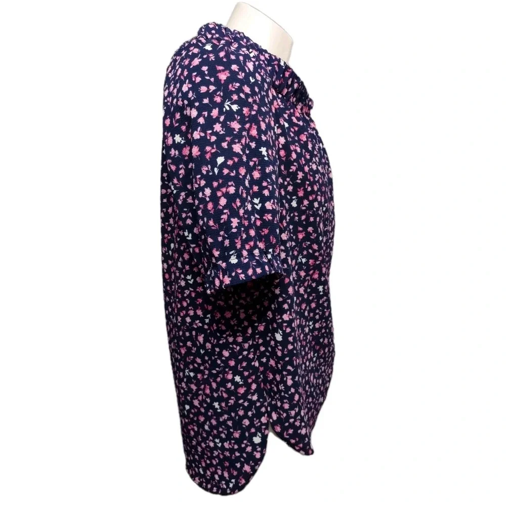 Michael Kors Blouse Women's Size L Short Sleeve Elastic Collar Navy Blue Floral